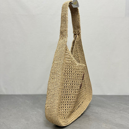 Miu Miu Woven Fabric Hobo Bag 44cm Beige Mix Cognac