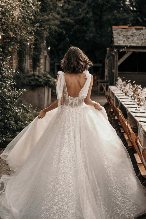 omberprom Elegant Straps A Line With Sequins Sleeveless Wedding Dresses
