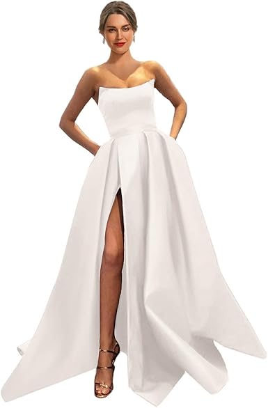 Womens Long Strapless Satin Prom Dress Sleeveless Slit Evening Ball Gown Off Shoulder Party Dress Wholesale
