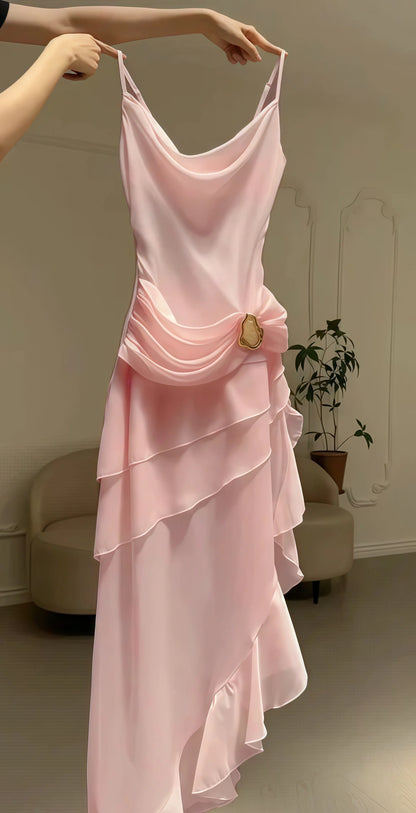 Ivory Chiffon Pleated Homecoming Dress - V-Neck Tea Length Party Gown