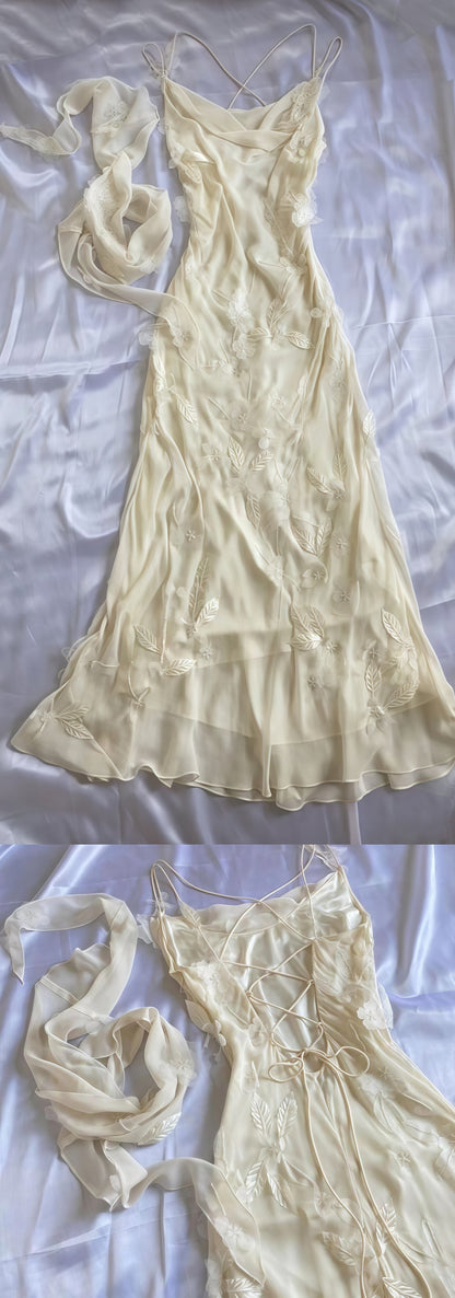 Ivory Floral Appliques Chiffon Party Dress Spring/Summer Lace Up Back Prom Dress,AST1762
