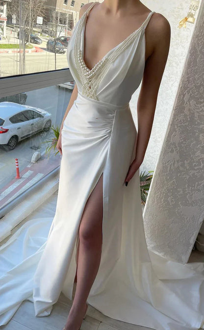 Ivory V-neck Pearl Bodycon Satin Prom Dresses With Side Slit