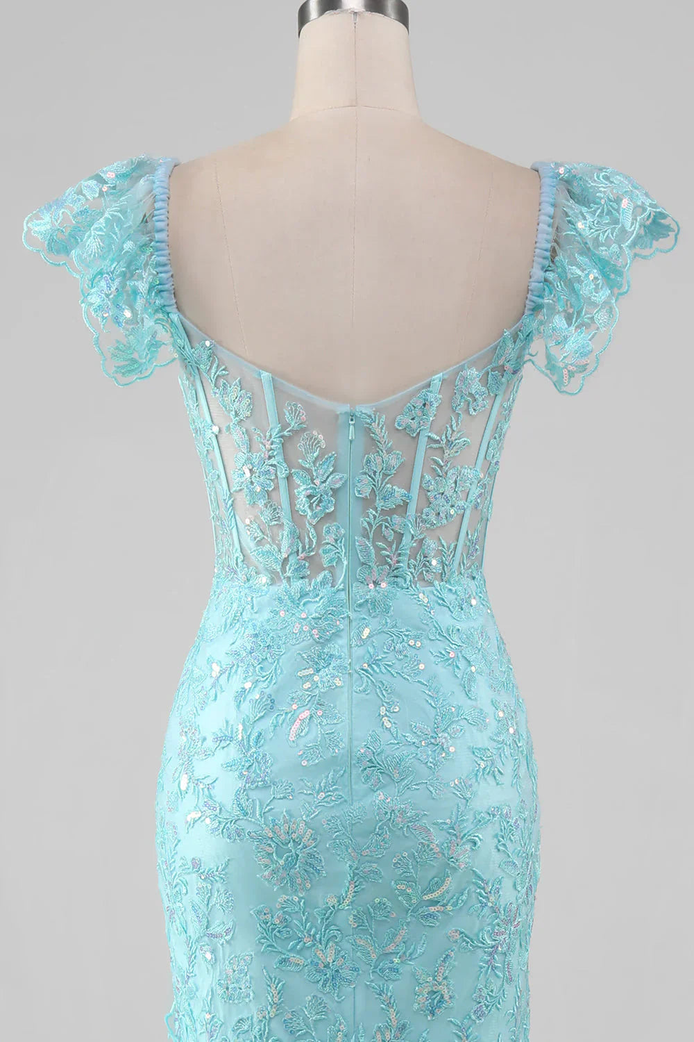 omberprom Sky Blue Mermaid Off the Shoulder Tiered Corset Prom Dress with Slit