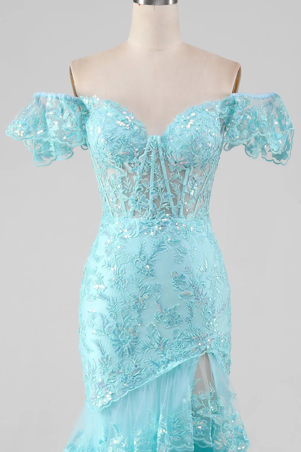 omberprom Sky Blue Mermaid Off the Shoulder Tiered Corset Prom Dress with Slit