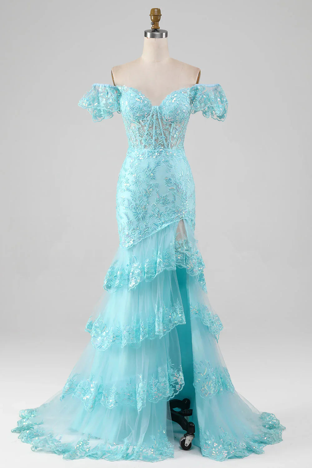 omberprom Sky Blue Mermaid Off the Shoulder Tiered Corset Prom Dress with Slit