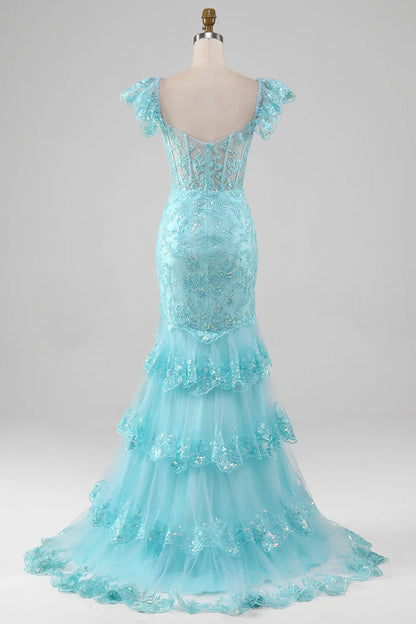 omberprom Sky Blue Mermaid Off the Shoulder Tiered Corset Prom Dress with Slit