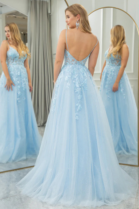 omberprom Light Blue A Line Corset Tulle Long Prom Dress With Appliques