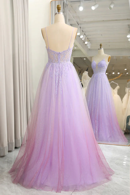 omberprom Sparkly A Line Tulle Long Prom Dress Gradient Purple With Appliques