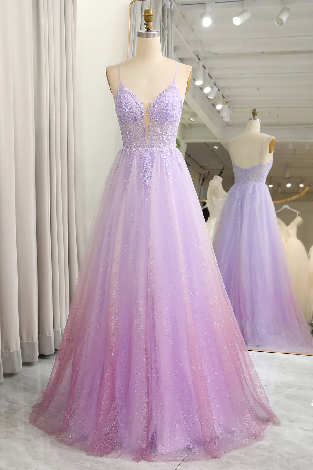 omberprom Sparkly A Line Tulle Long Prom Dress Gradient Purple With Appliques