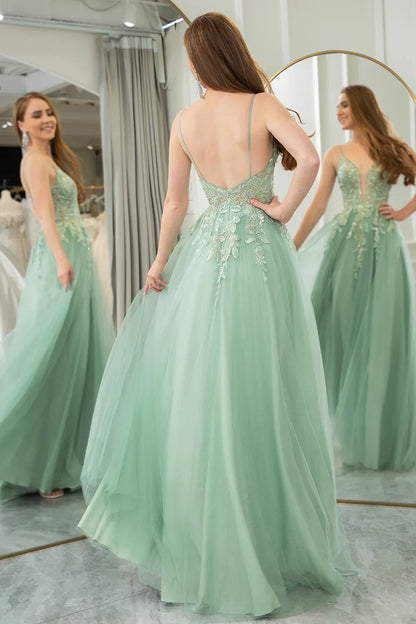 omberprom A Line Evening Dress Tulle Long Prom Dress Green With Appliques