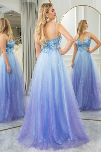 omberprom A Line Long Prom Dress Gradient Tulle With Appliques Sparkly Blue Evening Dress