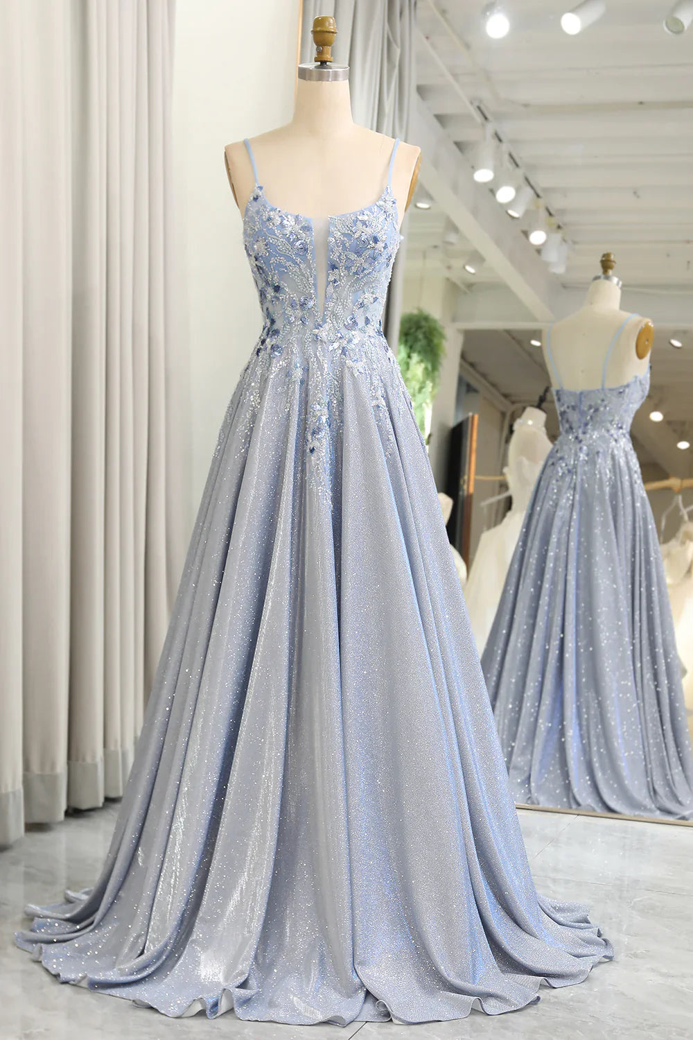 omberprom Glitter Grey Blue A-Line Long Prom Dress Spaghetti Straps With Appliques