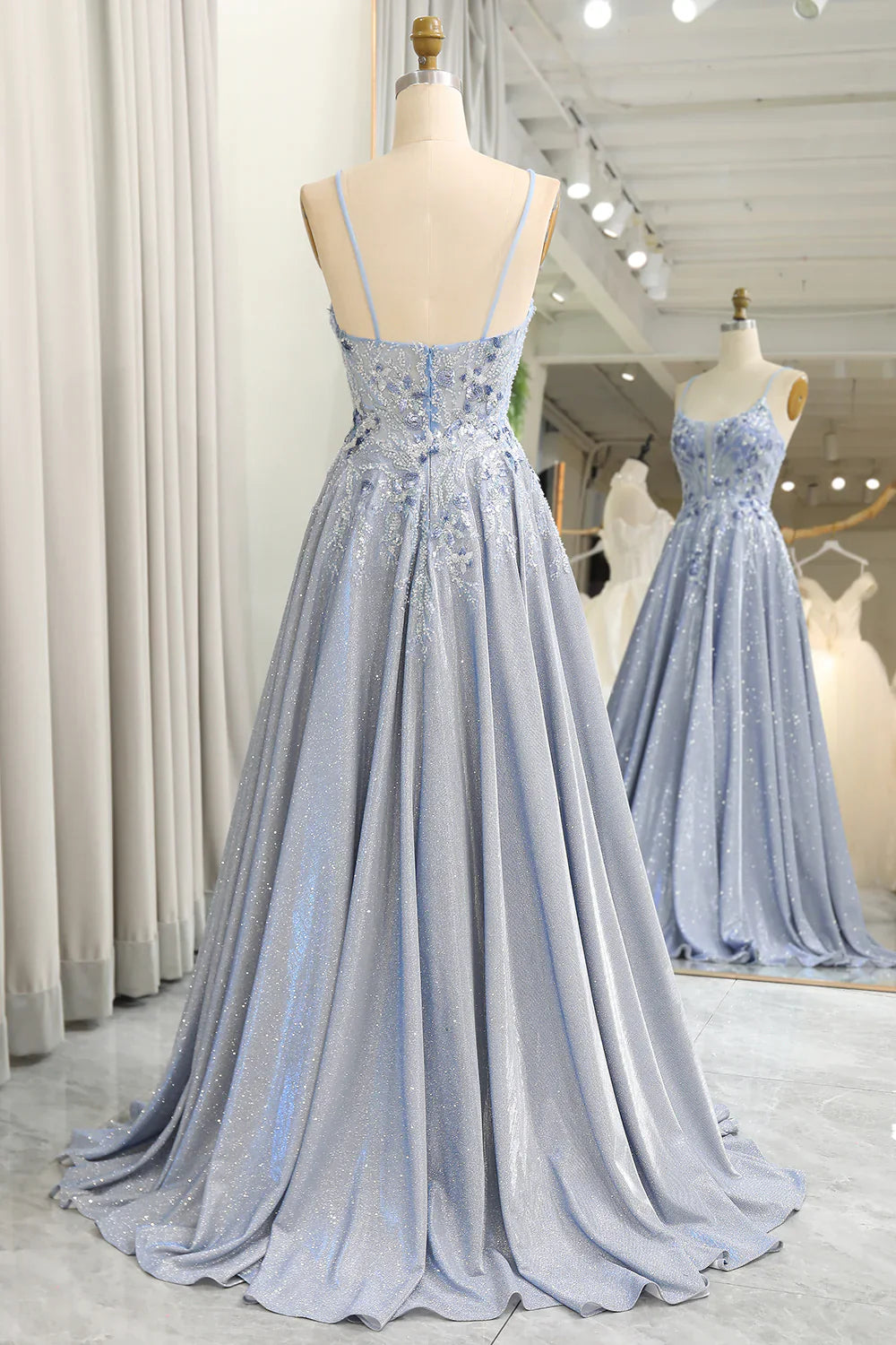 omberprom Glitter Grey Blue A-Line Long Prom Dress Spaghetti Straps With Appliques