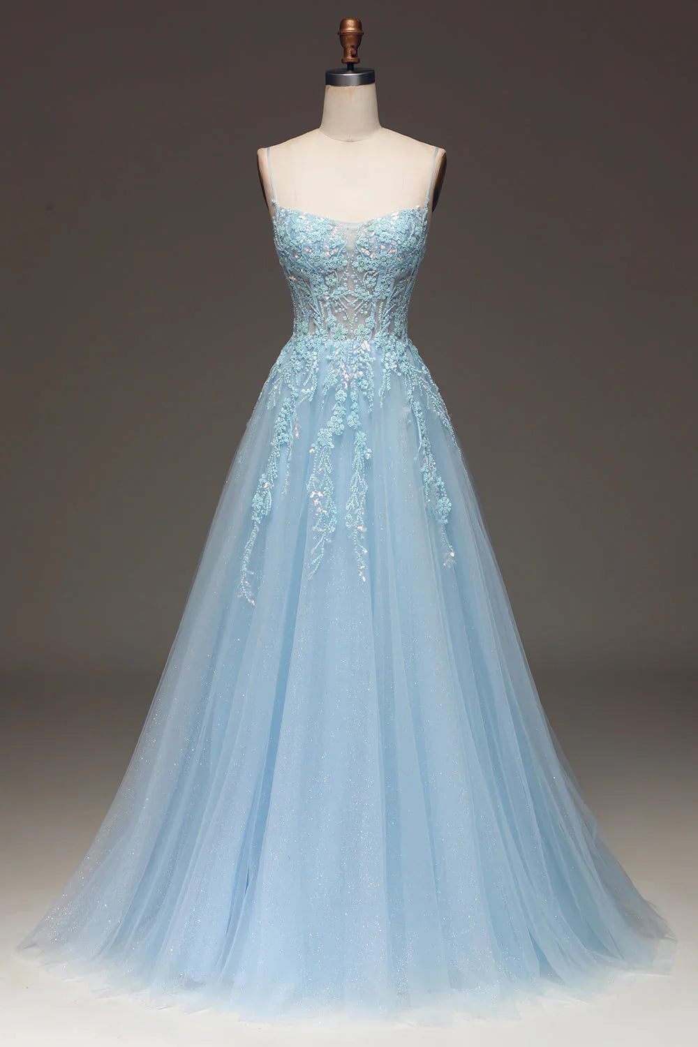 omberprom Light Blue A Line Evening Dress Spaghetti Straps Sequin Prom Dress With Appliques