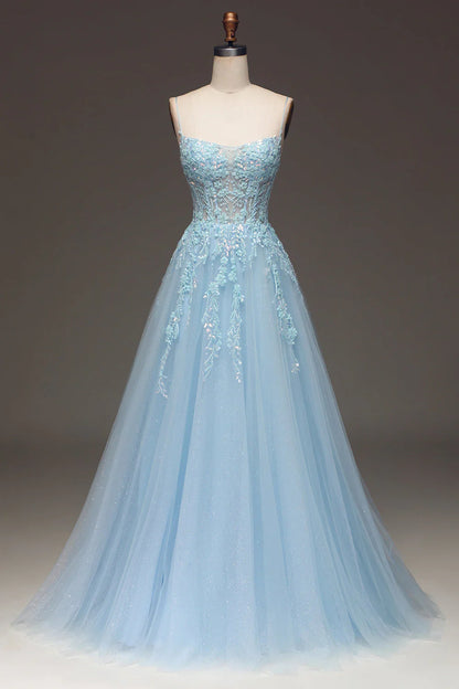 omberprom Light Blue A Line Evening Dress Spaghetti Straps Sequin Prom Dress With Appliques