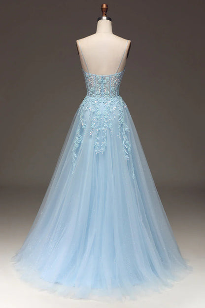 omberprom Light Blue A Line Evening Dress Spaghetti Straps Sequin Prom Dress With Appliques