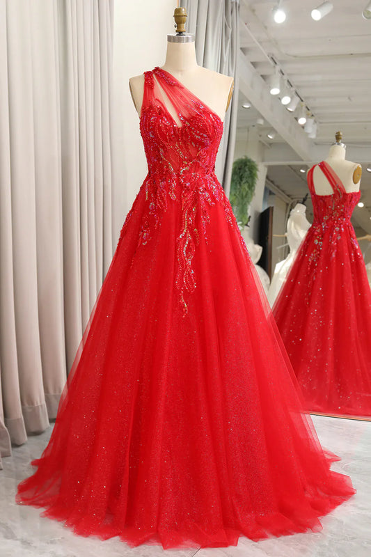 omberprom Sparkly Red A-Line One Shoulder Long Prom Dress With Sequins
