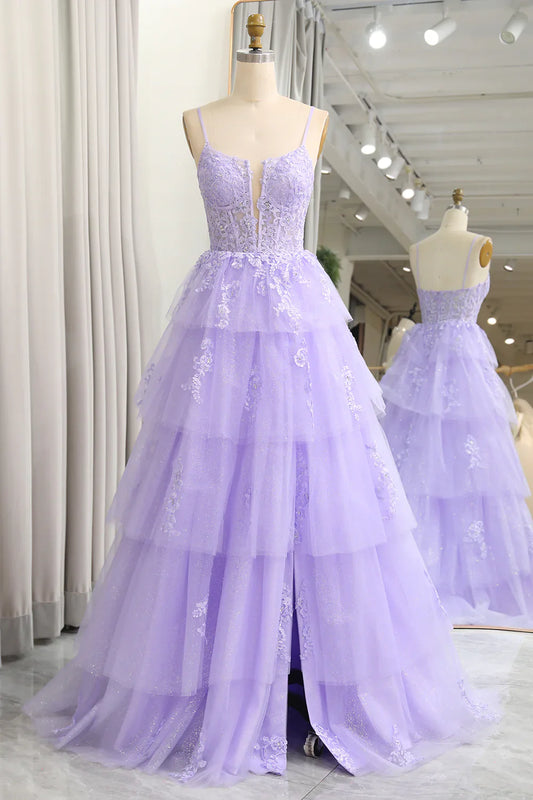 omberprom A Line Long Prom Dress Appliqued Tiered With Slit Charming Evening Party Dress