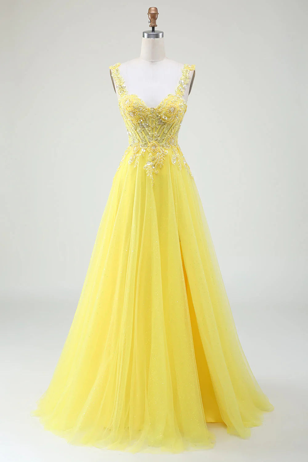 omberprom Yellow A-Line Evening Dress Tulle Sparkly Beaded Corset Prom Dress with Slit