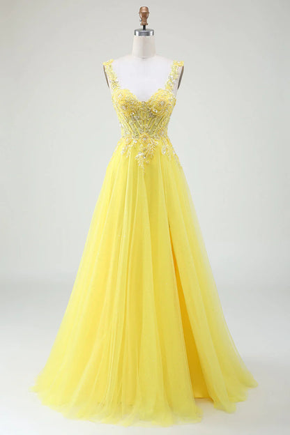 omberprom Yellow A-Line Evening Dress Tulle Sparkly Beaded Corset Prom Dress with Slit