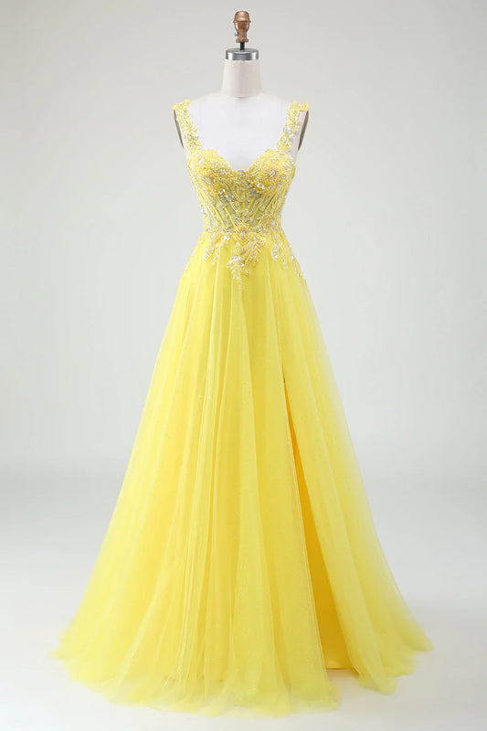 omberprom Yellow A-Line Evening Dress Tulle Sparkly Beaded Corset Prom Dress with Slit