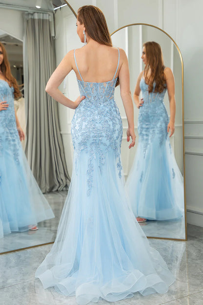 Liymcdress Prom Dress Light Blue Long Corset Mermaid Evening Dress Appliqued With Slit
