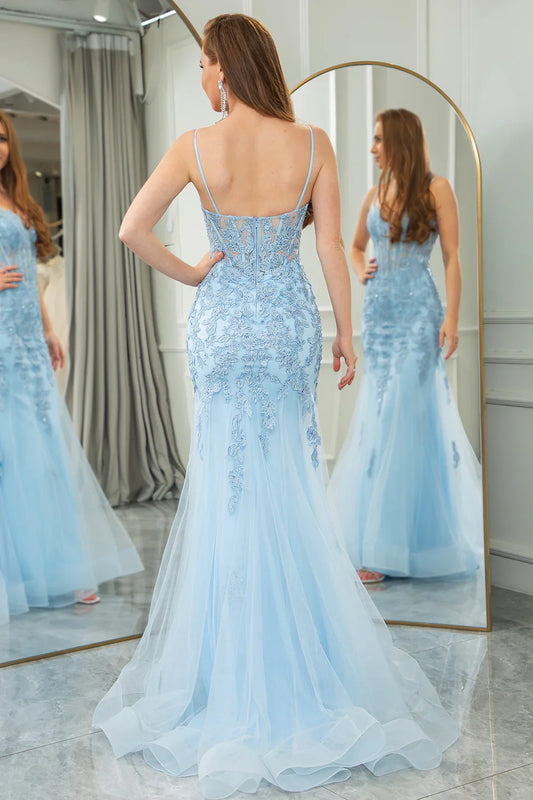 Liymcdress Prom Dress Light Blue Long Corset Mermaid Evening Dress Appliqued With Slit