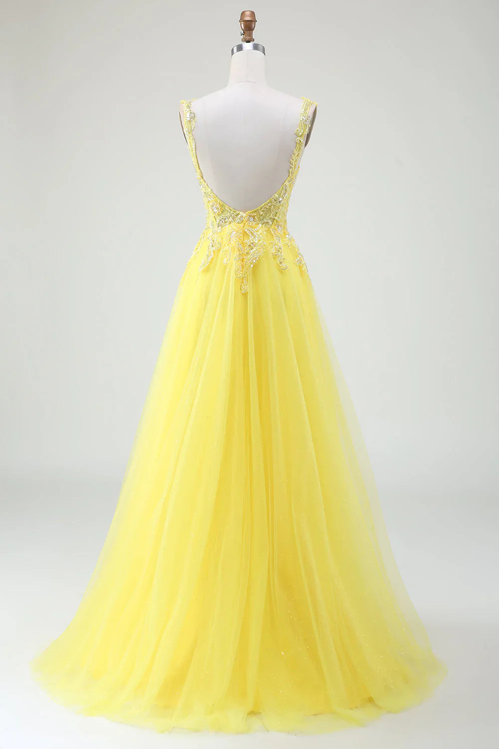 omberprom Yellow A-Line Evening Dress Tulle Sparkly Beaded Corset Prom Dress with Slit