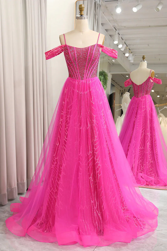 omberprom Sparkly Fuchsia A-Line Cold Shoudler Corset Long Prom Dress with Beading