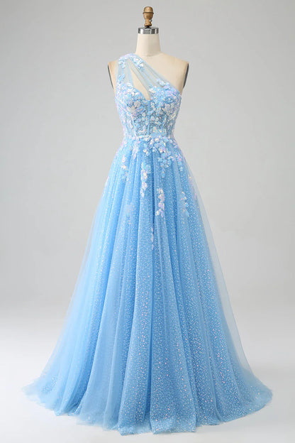 omberprom Stunning Light Blue A Line Prom Dress One Shoulder Long Tulle Evening Dress with Appliques