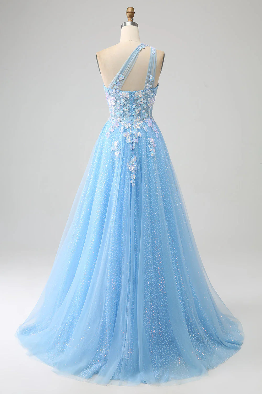 omberprom Stunning Light Blue A Line Prom Dress One Shoulder Long Tulle Evening Dress with Appliques