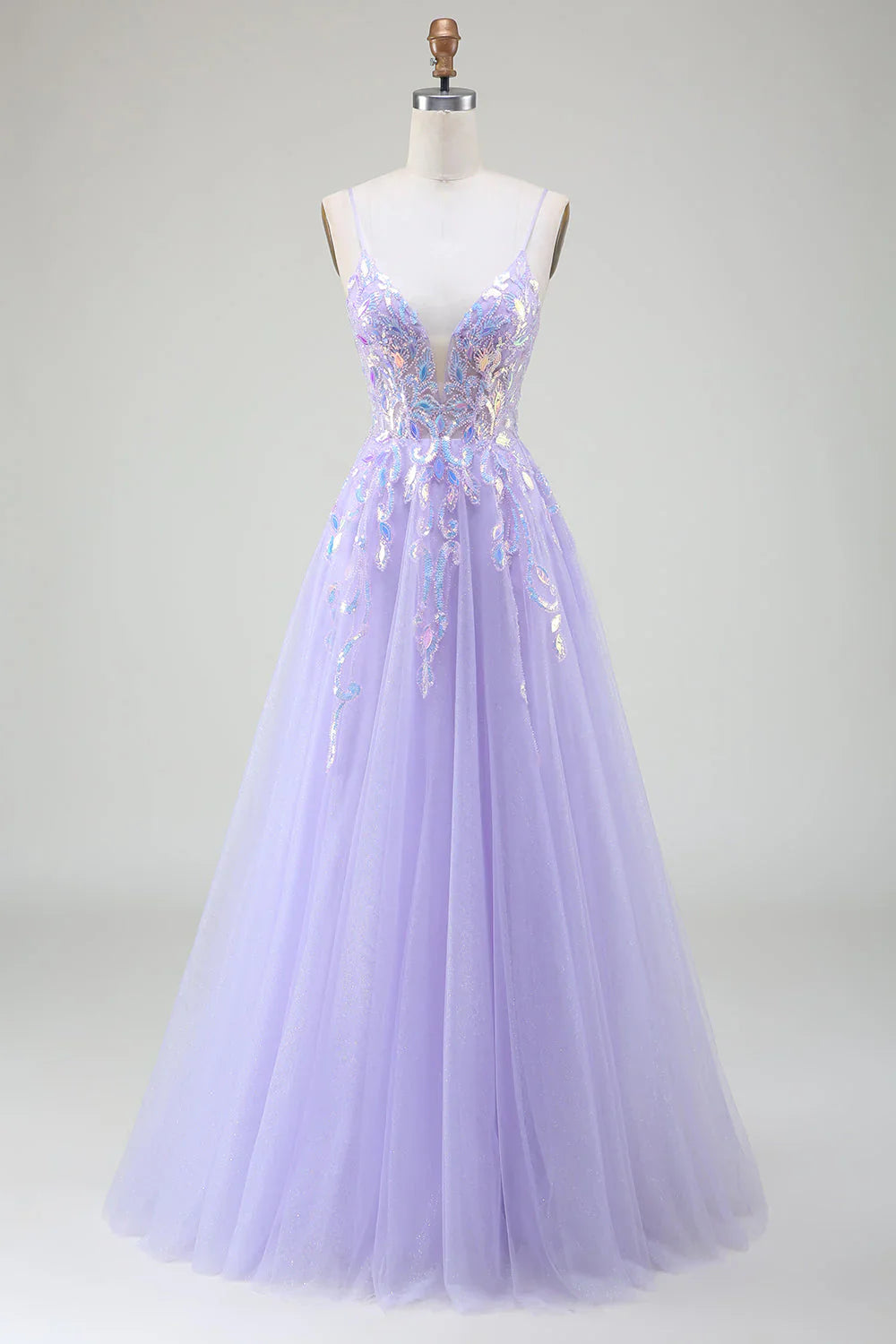 omberprom Sparkly A-Line Purple Spaghetti Straps Long Prom Dress with Sequins