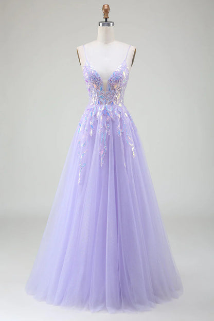 omberprom Sparkly A-Line Purple Spaghetti Straps Long Prom Dress with Sequins