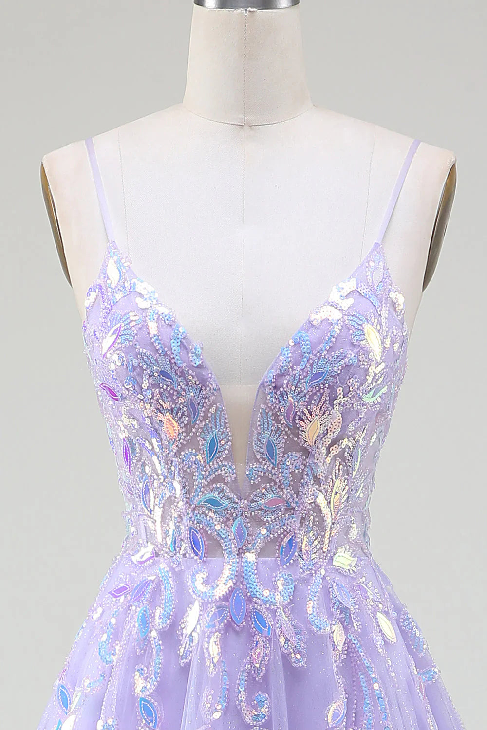 omberprom Sparkly A-Line Purple Spaghetti Straps Long Prom Dress with Sequins