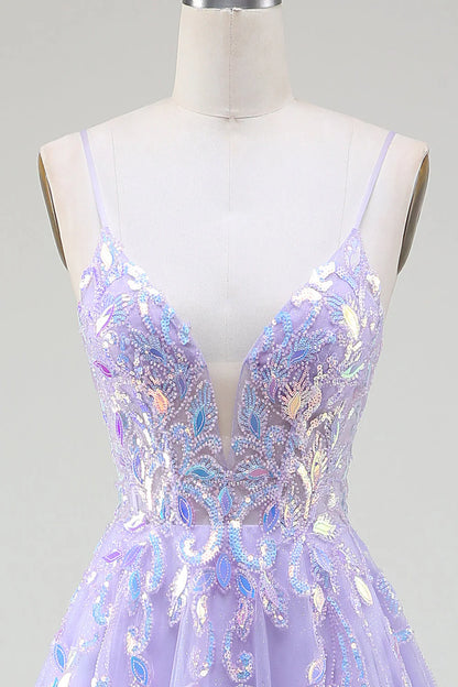 omberprom Sparkly A-Line Purple Spaghetti Straps Long Prom Dress with Sequins
