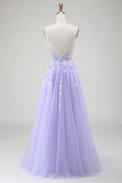 omberprom Sparkly A-Line Purple Spaghetti Straps Long Prom Dress with Sequins