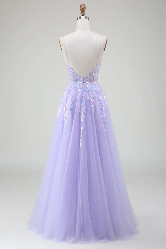 omberprom Sparkly A-Line Purple Spaghetti Straps Long Prom Dress with Sequins