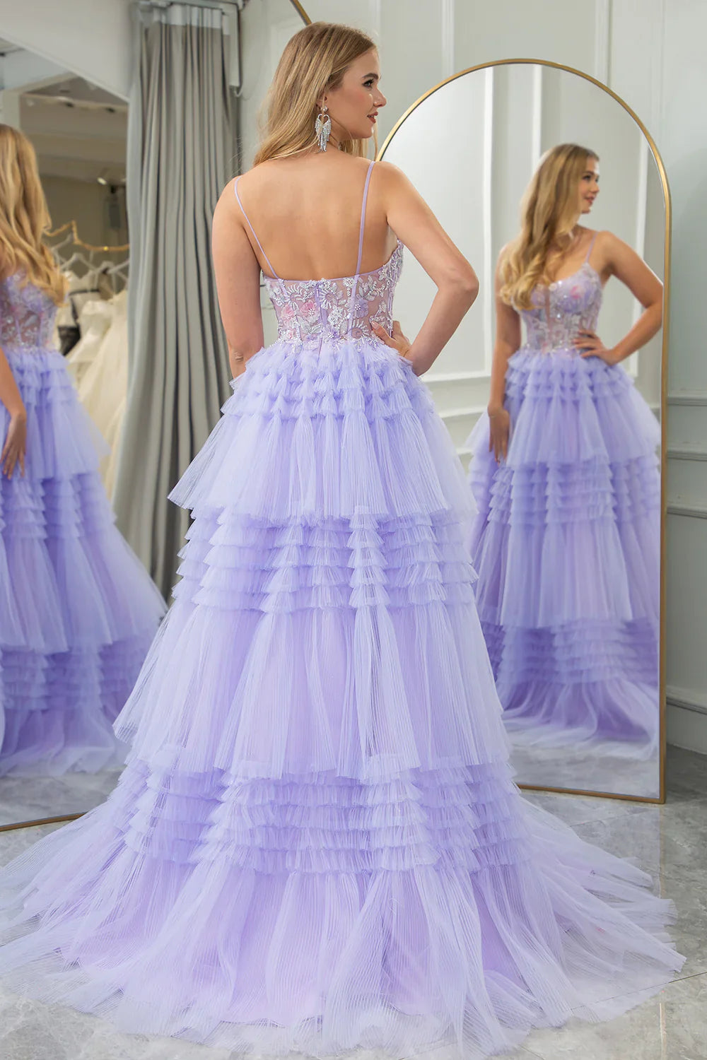 omberprom A Line Tiered Tulle Corset Long Prom Dress With Appliques Charming Evening Party Dress