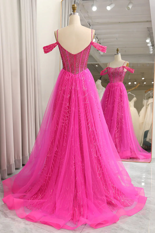omberprom Sparkly Fuchsia A-Line Cold Shoudler Corset Long Prom Dress with Beading