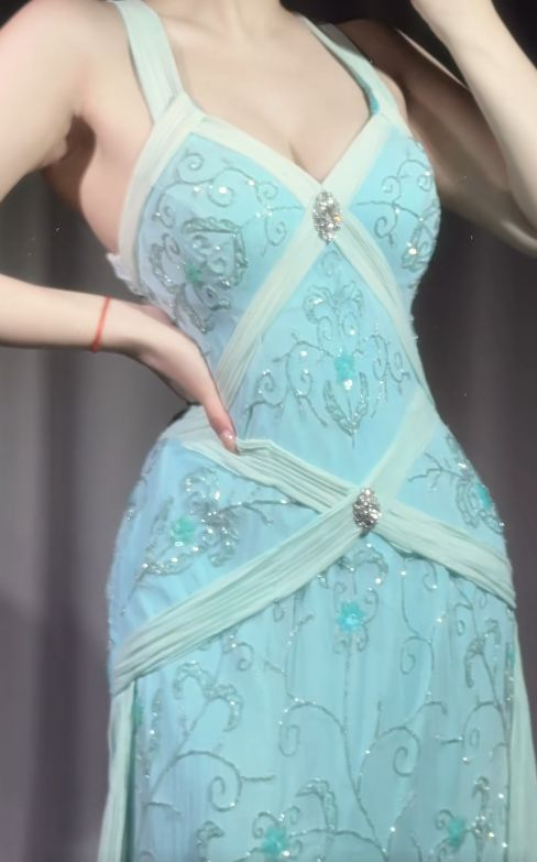 Elegant V Neck Blue Chiffon Beaded Mermaid Long Party Dress Prom Gowns