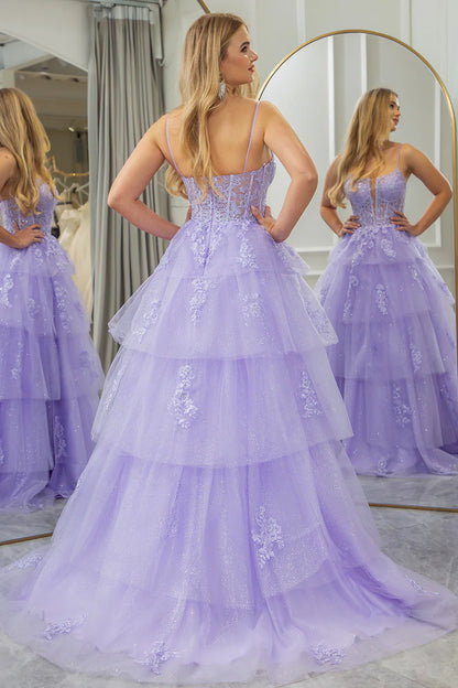 omberprom A Line Prom Dress Appliqued Tiered Long Corset With Slit Sparkly Lilac Evening Dress
