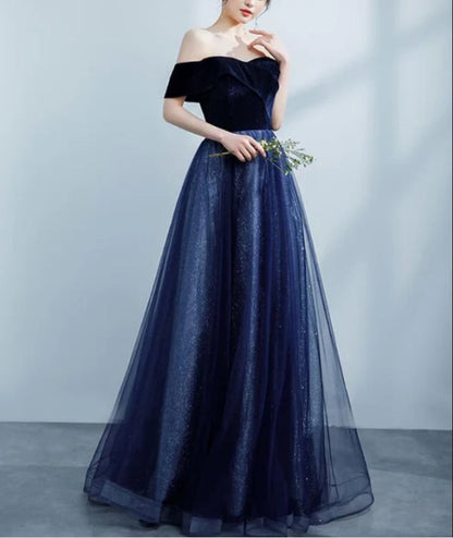 omberprom A Line Off Shoulder Velvet Sweetheart Party Dress Shiny Tulle Long Prom Dress Party Dress Sparkly Evening Dress Wholesale