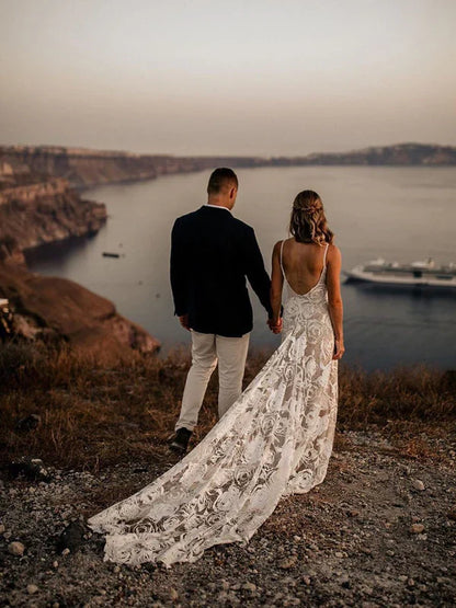 Sexy Backless Sheath Wedding Dresses Lace Long Bridal Gowns Floor Length Charming