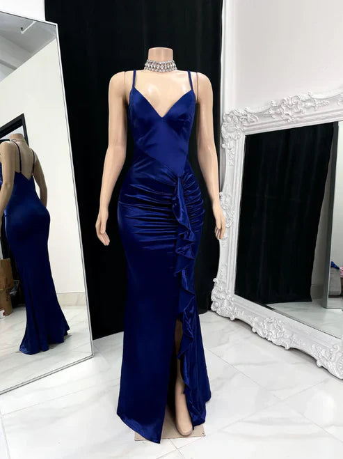 Wine Red Straps Ruffles V Neck Long Prom Dress with Slit Evening Party Dress Wholesale