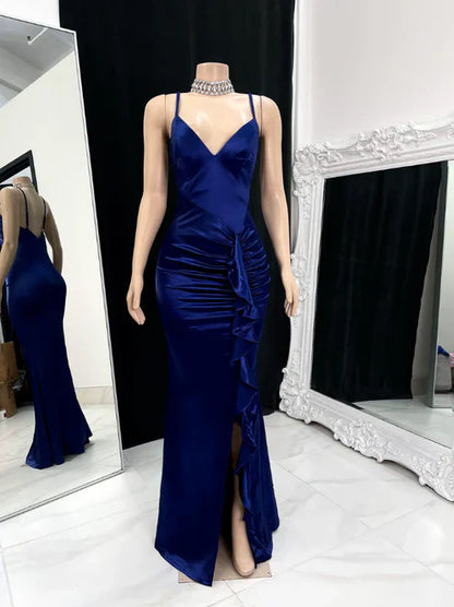 Wine Red Straps Ruffles V Neck Long Prom Dress with Slit Evening Party Dress Wholesale