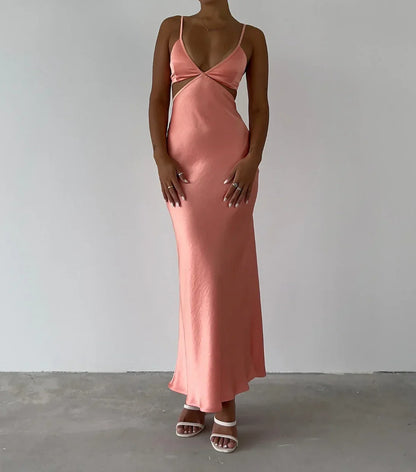 omberprom Charming Sheath Coral Satin Sleeveless Long Prom Dress Simple Evening Party Dress Sexy Fashion Formal Dress