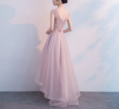 omberprom V-neckline High Low Formal Dress Lace Applique Homecoming Dress Party Dress Elegant Evening Dress Wholesale