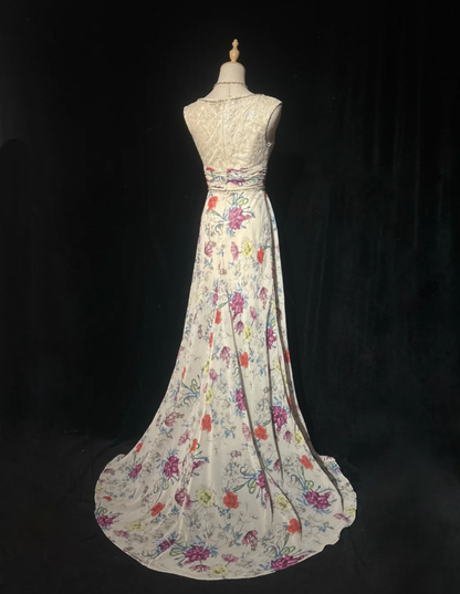 Classy V Neck Sleeveless Lace Chiffon Mermaid Long Evening Dress Prom Dress With Beads SP1782
