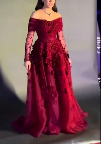 Pretty Off The Shoulder Ball Gown Red Organza Appliques Long Party Dress Birthday Outfits