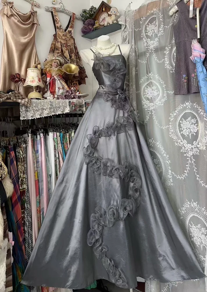 Vintage Spaghetti Straps Gray Satin A Line Long Party Dress Evening Gown